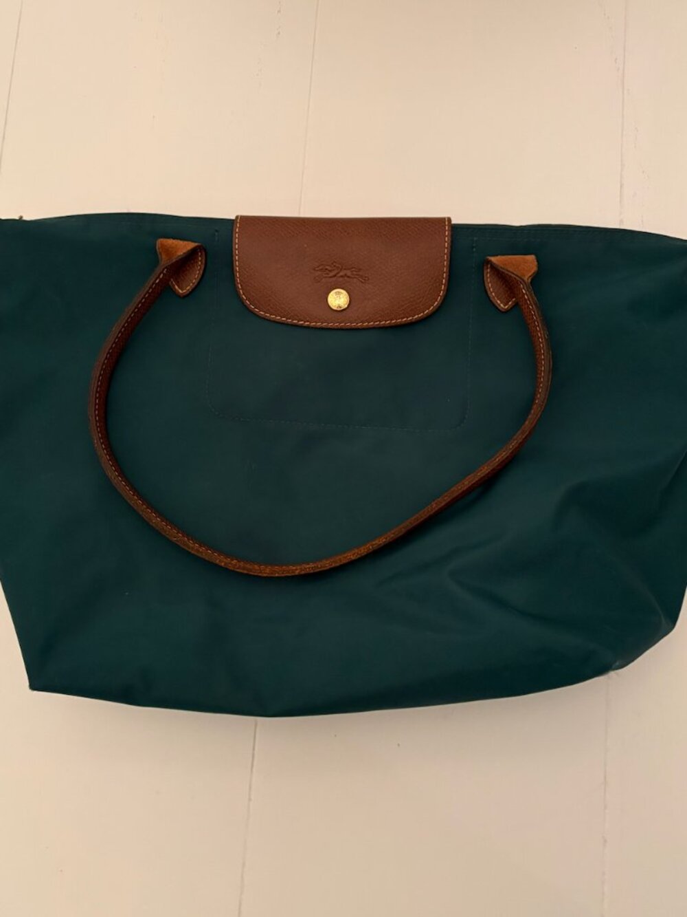 Large Longchamp Le Pliage Large Tote – Forest Green Nylon /Cognac Leather
